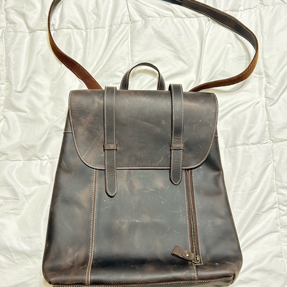 Charcoal Leather Messenger Bag/back pack